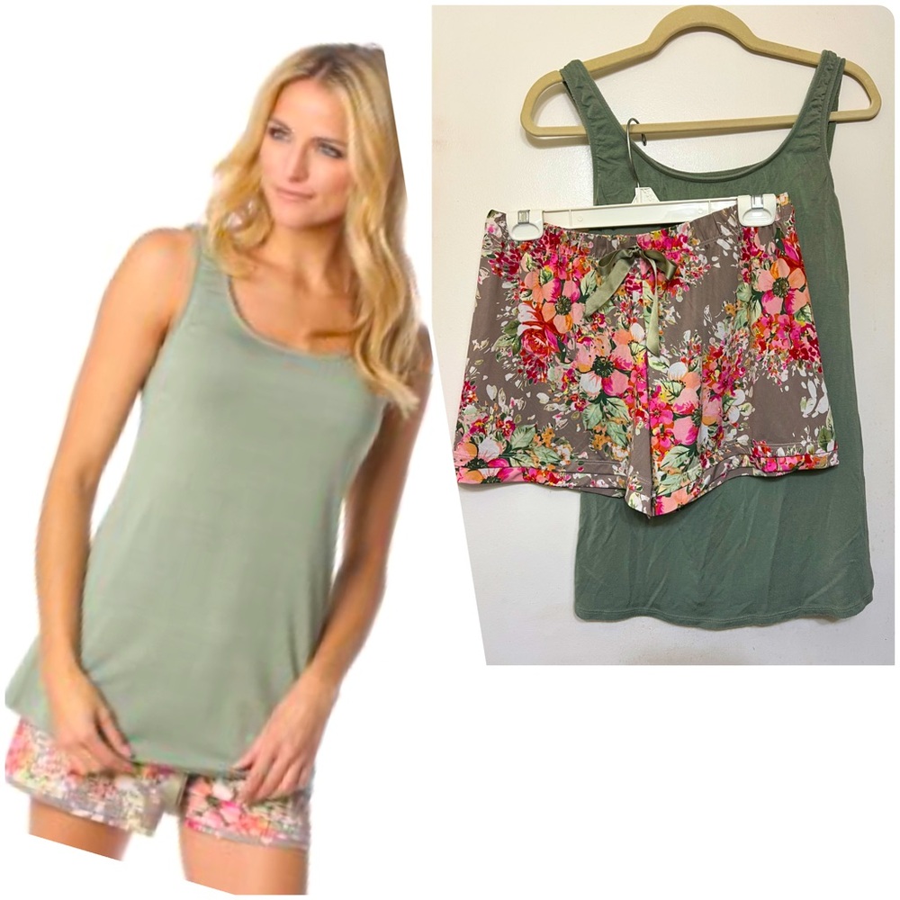 Majamas pjs nursing sage green tank and floral shorts